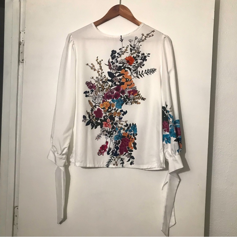 Sheer Floral Blouse with Cuff Ties